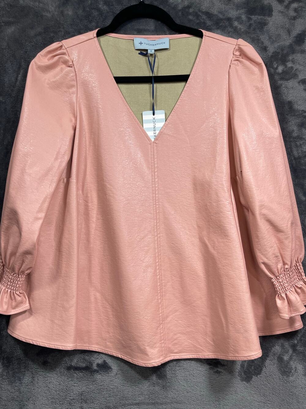 Tuckernuck Pink Faux Leather Puff Sleeve Top Size S V Neck Barbiencore Blouse